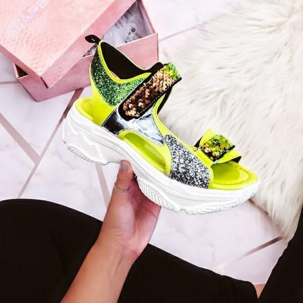Yellow sequin platform sandals